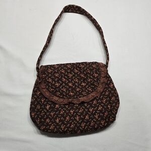 Vintage 70's Quilted Brown Floral Shoulder Bag With Ruffle Strawberry Hill USA